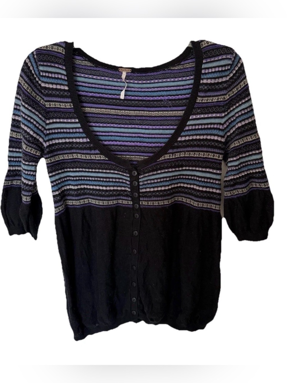 Free People Black Purple Striped Cardigan Scooped Neck Bell Sleeves SZ M Sweater